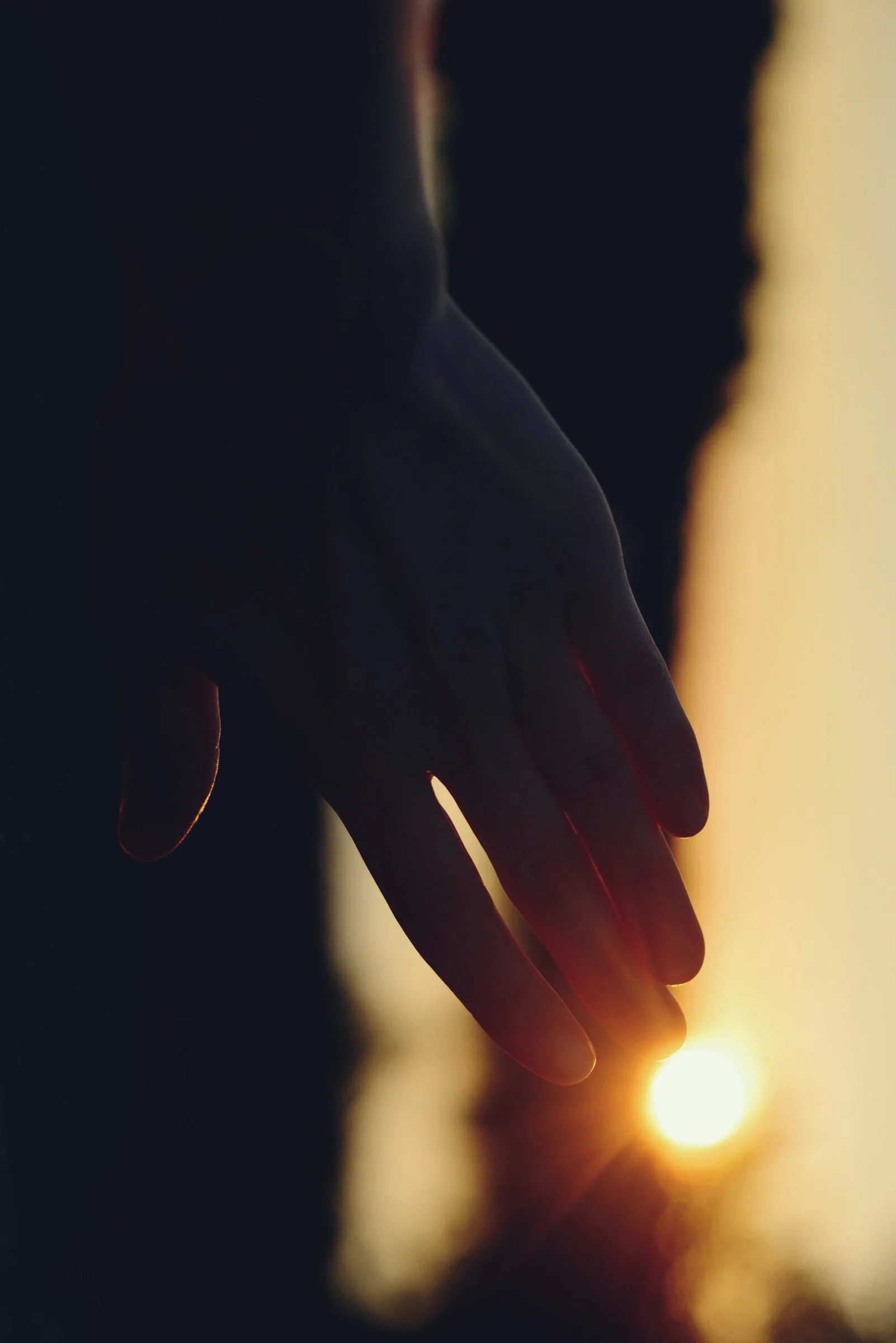 Hand reaching towards a setting sun